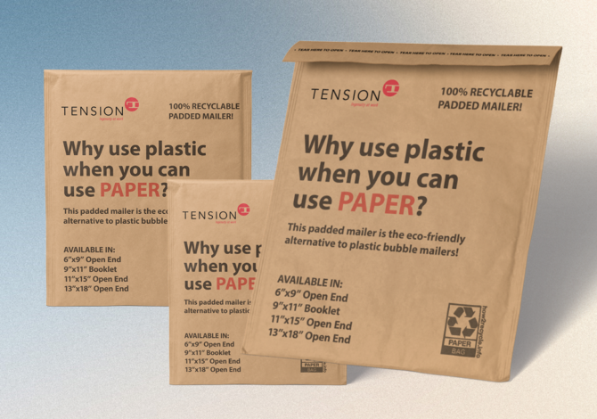 Three brown, Tension recyclable padded mailers of different sizes stand upright. The text on each mailer reads, Why use plastic when you can use paper? and lists available sizes and eco-friendly features.