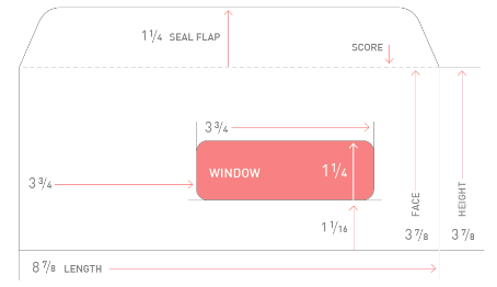 Diagram of a Tension Envelope custom #10 business envelope with measurements: 8 7/8 length, 3 7/8 height, 1 1/4 seal flap, 3 3/4 face. The window is 3 3/4 wide by 1 1/4 high, positioned 7/8 from the bottom and 3/4 from the left.