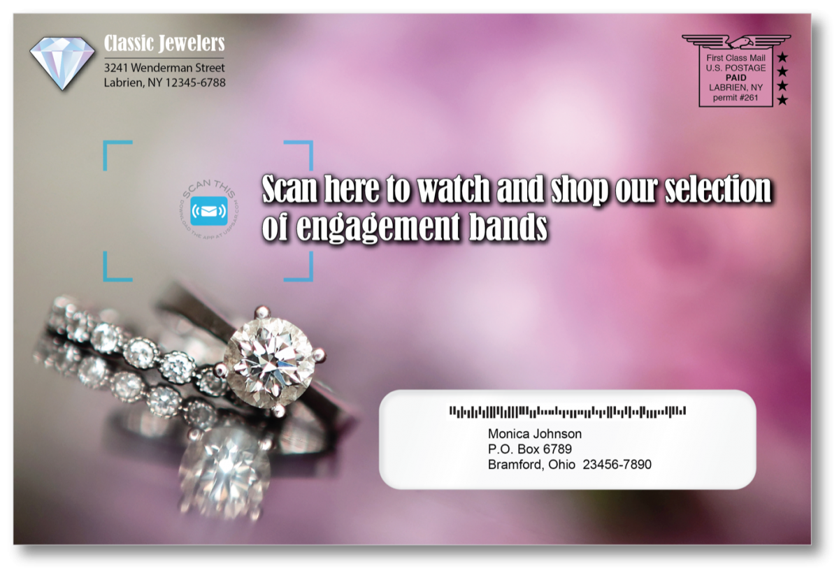 Image of the front of a first class mailpiece promoting engagement rings. Find information on registration and promotion dates for Integrated Technology Promotion mailings.