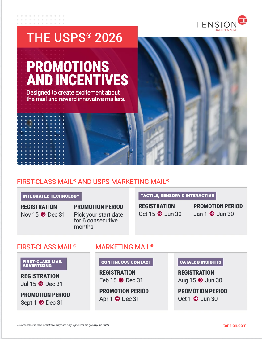 Cover of the USPS 2026 Promotions and Incentives overview guide, provided by Tension Envelope. Find registration date ranges and promotion periods for different mailing types.